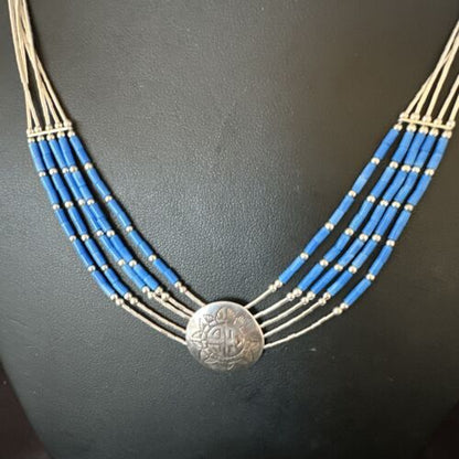 Navajo Concha Blue Denim Lapis Heishi Liquid Sterling Silver 5-Strand Necklace 20" | 15875