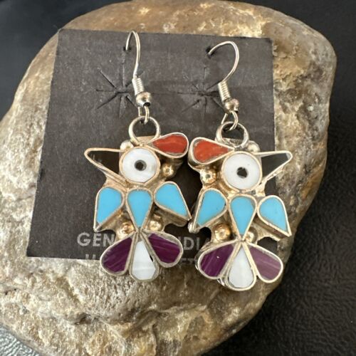 Zuni Peyote Bird Earrings | Coral Turquoise Onyx Inlay | Sterling Silver | 17137
