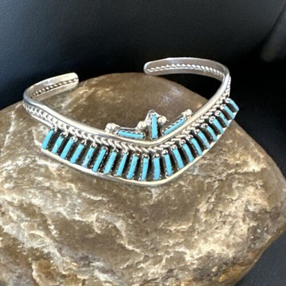 Native American Zuni Blue Turquoise Needle Point Cluster Cuff Bracelet | Sterling Silver | Handmade Southwestern Jewelry | 15068