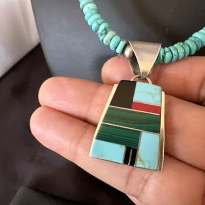 Navajo Turquoise Lapis Inlay Pendant Necklace | Sterling Silver | 20" | Authentic Native American Handmade | 17508