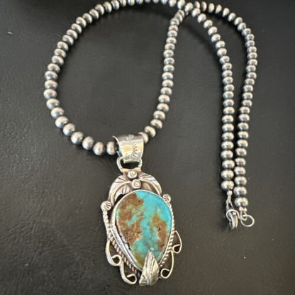 Navajo Blue Turquoise Pendant Necklace | Sterling Silver Pearls | Authentic Native American Handmade | 15652