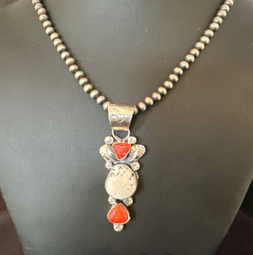 Navajo White Buffalo Coral Necklace | Sterling Silver | Native American Handmade | 15450