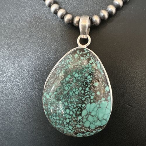 Men's Navajo Blue Spiderweb Turquoise Pendant Necklace | Sterling Silver | Authentic Native American Handmade | 16208