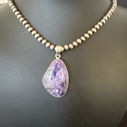 Navajo Purple Charoite Pendant with Pearls | Sterling Silver Necklace | Authentic Native American Handmade | 17312