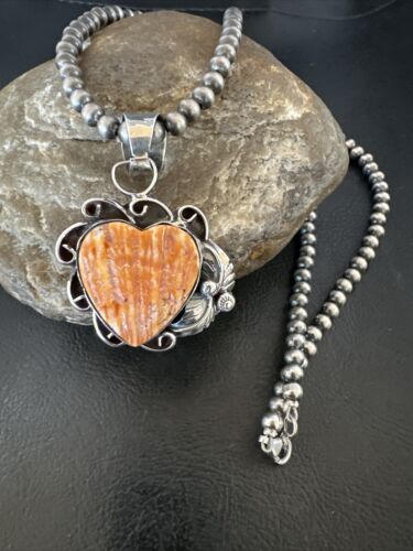 Navajo Orange Spiny Oyster Heart Pendant Necklace | Sterling Silver | Authentic Native American Handmade | 16420