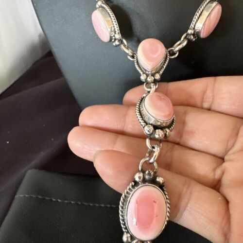 Navajo Pink Conch Lariat Necklace | Sterling Silver Pendant | 30" | Authentic Native American Handmade | 15870