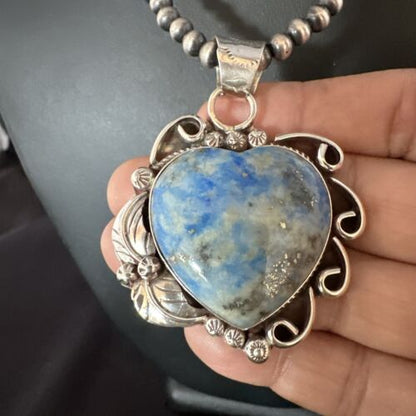 Men's Blue Heart Denim Lapis Pendant | Navajo Pearls Sterling Silver Necklace 21" | 15523