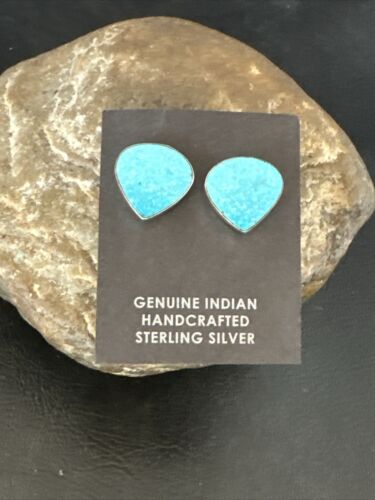 Navajo Blue Kingman Turquoise Post Stud Earrings | Sterling Silver | Authentic Native American Handmade | 17407
