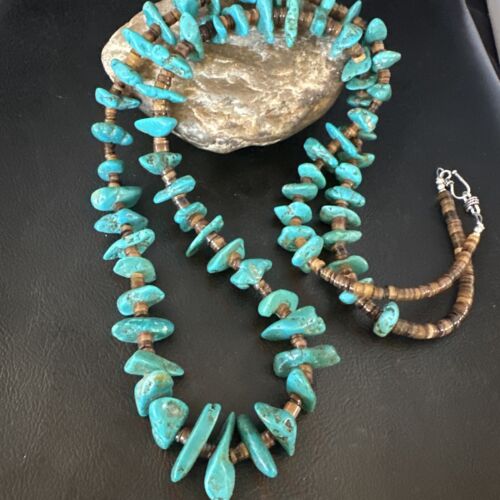 Navajo Blue Kingman Nugget Turquoise Necklace | Sterling Silver | 36" | Authentic Native American Handmade | 15286