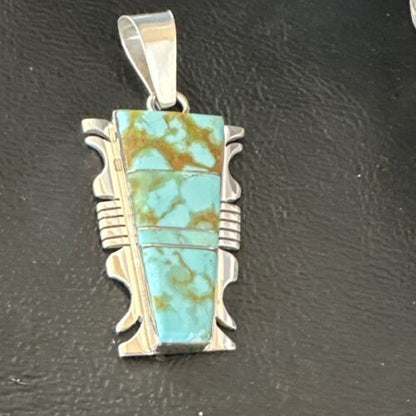 Navajo Blue #8 Turquoise Inlay Pendant | Sterling Silver | 2" | Authentic Native American Handmade | 15683