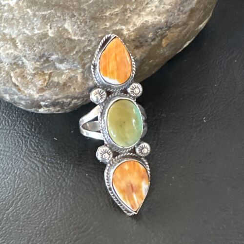 Navajo Green Turquoise Spiny Oyster Multi-Stone Ring | Authentic Native American Sterling Silver | Sz 10 | 16711