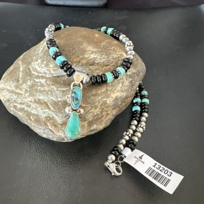 Navajo Men's Blue Turquoise Pendant with Pearls | Sterling Silver Onyx Necklace | Native American Handmade | 13203