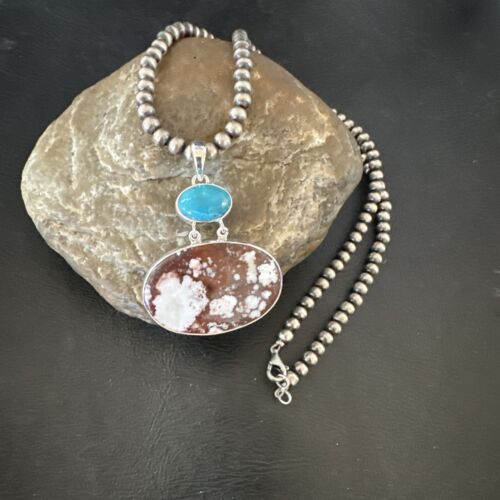 Navajo Wild Horse | Blue Kingman Turquoise Necklace | Sterling Silver | Authentic Native American Handmade | 17305