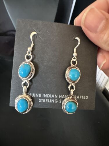 Kingman Turquoise Dangle Earrings | Navajo Sterling Silver | Authentic Native American Handmade | 14869