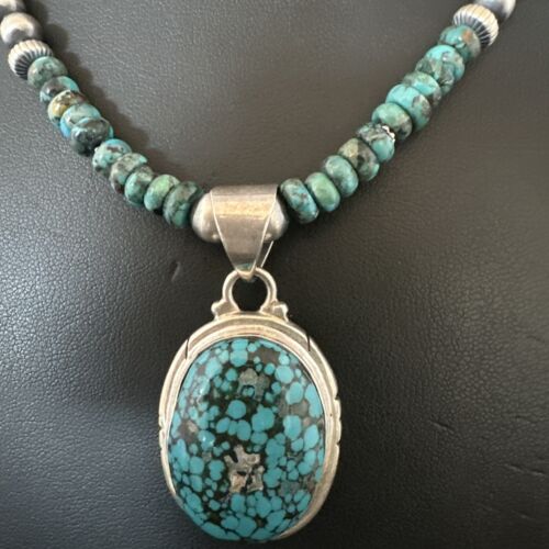 Navajo Men's Blue Spiderweb Turquoise Pendant Necklace | Sterling Silver | 17081