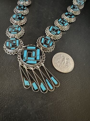Navajo Sterling Silver Turquoise Onyx Choker Necklace | Inlay Pendant | 18" | 15535