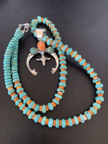 Navajo Pearls Necklace with Blue Turquoise & Spiny Oyster Naja Pendant | Sterling Silver | 10261