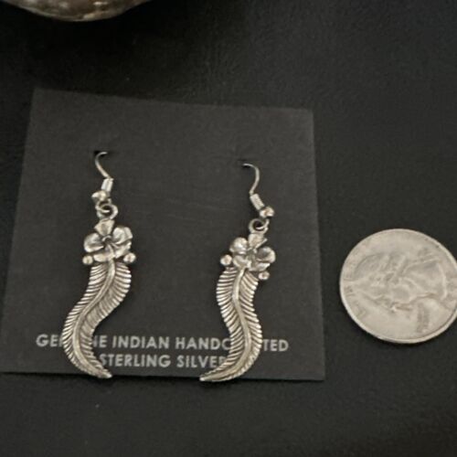 Navajo Sterling Silver Leaf Feather Earrings | Authentic Native American Handmade | 16971