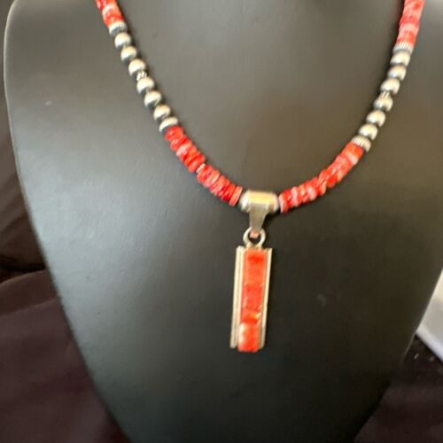 Navajo Red Spiny Oyster Pendant Necklace | Sterling Silver Inlay | Authentic Native American Handmade | 16883