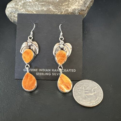 Navajo Orange Spiny Oyster Dangle Earrings | Sterling Silver | 1.5" | Authentic Native American Handmade | 16570