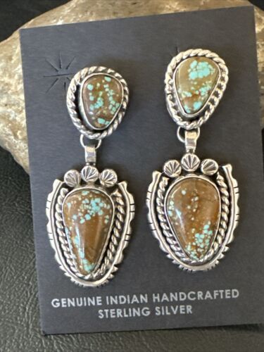 Navajo Blue Turquoise #8 Dangle Earrings | Sterling Silver | Authentic Native American Handmade | 17494
