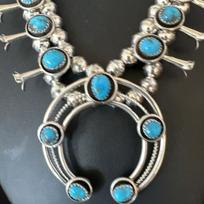 Navajo Kingman Turquoise Shadowbox Squash Blossom Necklace | Sterling Silver | Authentic Native American Handmade | 16091