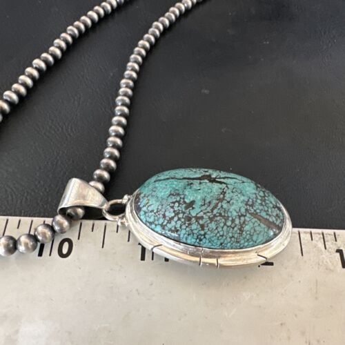 Men's Navajo Blue Spiderweb Turquoise Pendant Necklace | Sterling Silver | Authentic Native American Handmade | 16212