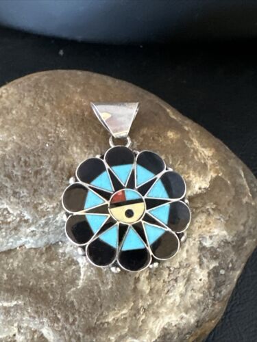 Zuni Sun Face Pendant | Turquoise, Mother of Pearl, Onyx Inlay | Sterling Silver | Native American Handmade | 15180