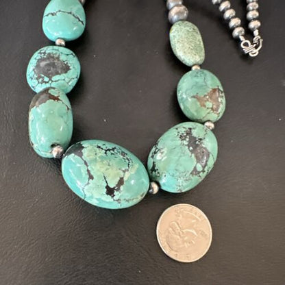 Navajo Blue Turquoise Chunky Pearls Necklace | Sterling Silver | 20" | Authentic Native American Handmade | 17496