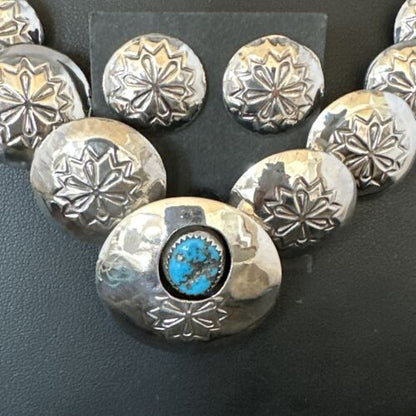 Navajo Sterling Silver Turquoise Pillow Stamped Bead Necklace Set | Authentic Native American Handmade | 15130