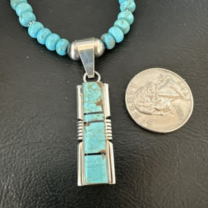 Turquoise #8 Inlay Pendant Necklace | Navajo Sterling Silver | Authentic Native American Handmade | 17057