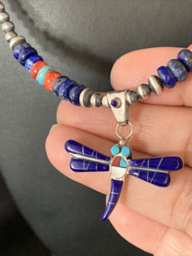 Blue Turquoise & Lapis Dragonfly Pendant Necklace | Navajo Sterling Silver | Authentic Native American Handmade | 13537