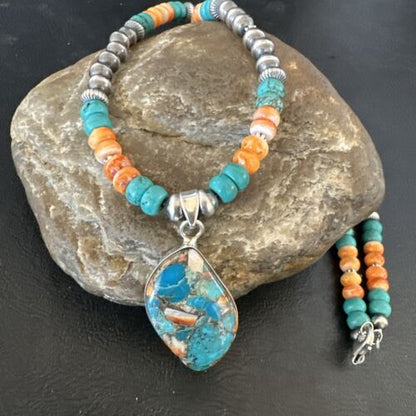 Navajo Spiny Turquoise Pendant Necklace | Sterling Silver | 22" | Authentic Native American Handmade | 17415