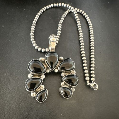 Men's Black Onyx Naja Pendant | Navajo Pearls Sterling Silver Necklace | Authentic Native American Handmade | 17070