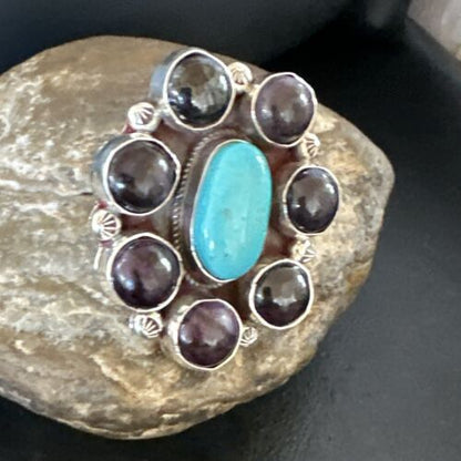 Navajo Cluster Blue Kingman Turquoise Sugilite Ring | Authentic Native American Sterling Silver | Multi-Stone | Sz 8 | 16774