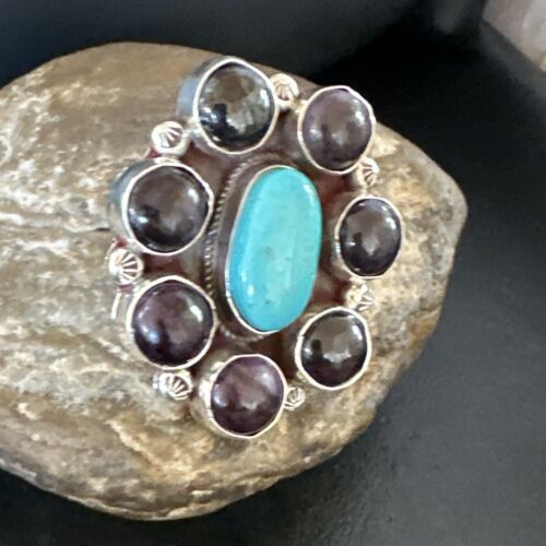 Navajo Cluster Blue Kingman Turquoise Sugilite Ring | Authentic Native American Sterling Silver | Multi-Stone | Sz 8 | 16774