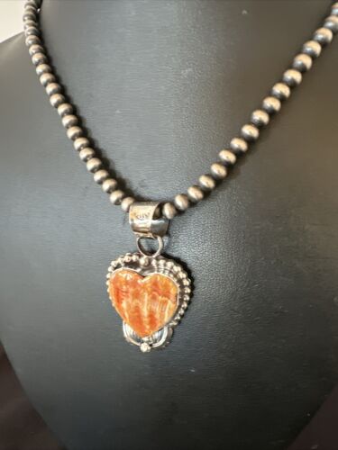 Navajo Orange Spiny Oyster Heart Pendant Necklace | Sterling Silver | Authentic Native American Handmade | 16421