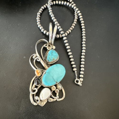 Navajo White Buffalo Kingman Turquoise Sterling Silver Pendant Necklace | 21" | Handmade 15949