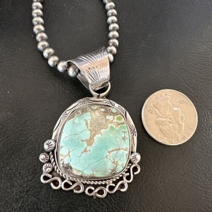 Women's Royston Turquoise Pendant Necklace | Navajo Pearls | Sterling Silver | Authentic Native American Handmade | 17065