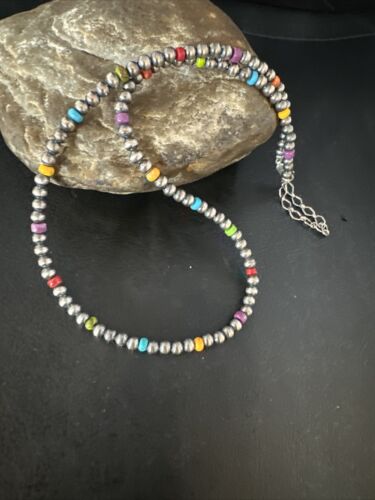 Multi-Color 4mm Navajo Pearls Necklace | Sterling Silver | 20" Hook Eye | Authentic Native American Handmade | 94320
