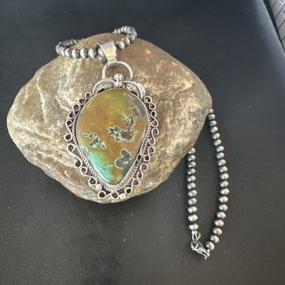 Navajo Mint Green Turquoise Pendant Necklace | Sterling Silver | Authentic Native American Handmade | 15034