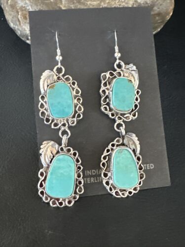 Navajo Blue Kingman Turquoise Dangle Earrings | Sterling Silver | Authentic Native American Handmade | 15188