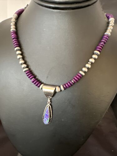 Navajo Faux Opal Pendant | Purple Sugilite Beads | Sterling Silver Necklace 21" | 16749