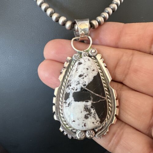 White Buffalo Turquoise Pendant | Navajo Pearls Sterling Silver Necklace | Authentic Native American Handmade | 17109