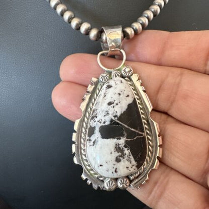 White Buffalo Turquoise Pendant | Navajo Pearls Sterling Silver Necklace | Authentic Native American Handmade | 17109