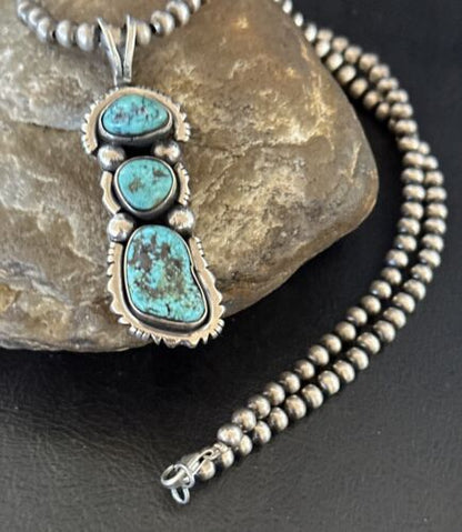 Navajo Blue Kingman Turquoise 3 Stone Cluster Pendant | Sterling Silver | Authentic Native American Handmade | 17632