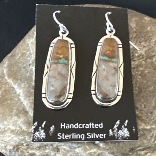 Navajo Blue Boulder Turquoise Dangle Earrings | Sterling Silver | Authentic Native American Handmade | 16502