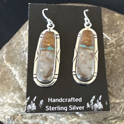 Navajo Blue Boulder Turquoise Dangle Earrings | Sterling Silver | Authentic Native American Handmade | 16502