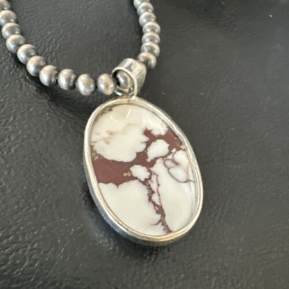 Navajo Wild Horse Turquoise Pendant | Sterling Silver Necklace with Pearls | Authentic Native American Handmade | 15717