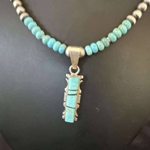 Men's and Women's Turquoise #8 Inlay Pendant Necklace | Navajo Sterling Silver | Authentic Native American Handmade | 17074